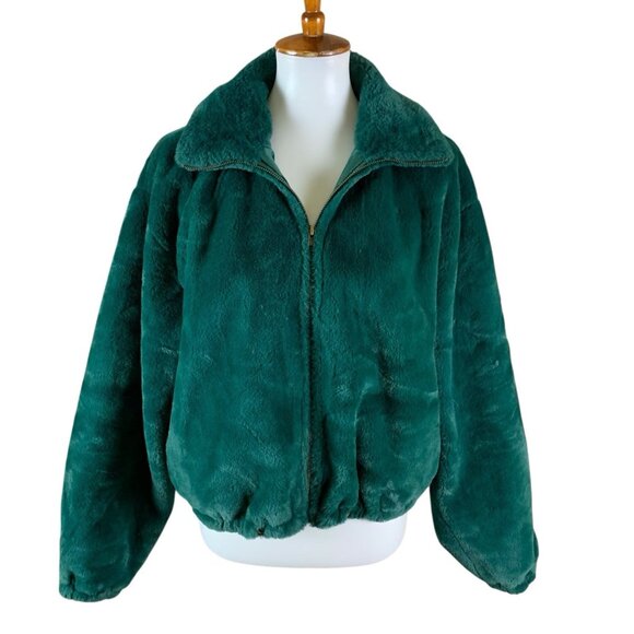 Know One Cares Forest Green Faux Fur Zip Jacket L Cozy Soft Y2K Winter - Picture 1 of 3